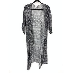 LuLaRoe Womens Kimono Cardigan M Black White Floral Sheer Handkerchief Hem